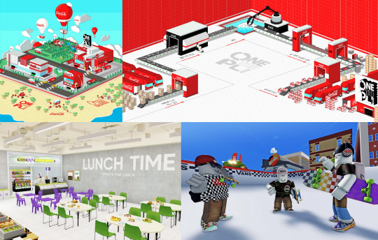 왼쪽 위부터 시계방향으로 게더타운의 코카콜라 원더풀 아일랜드, 로블록스의 반스 월드, 제페토의 CU제페토교실점. <한국 코카콜라 제공>